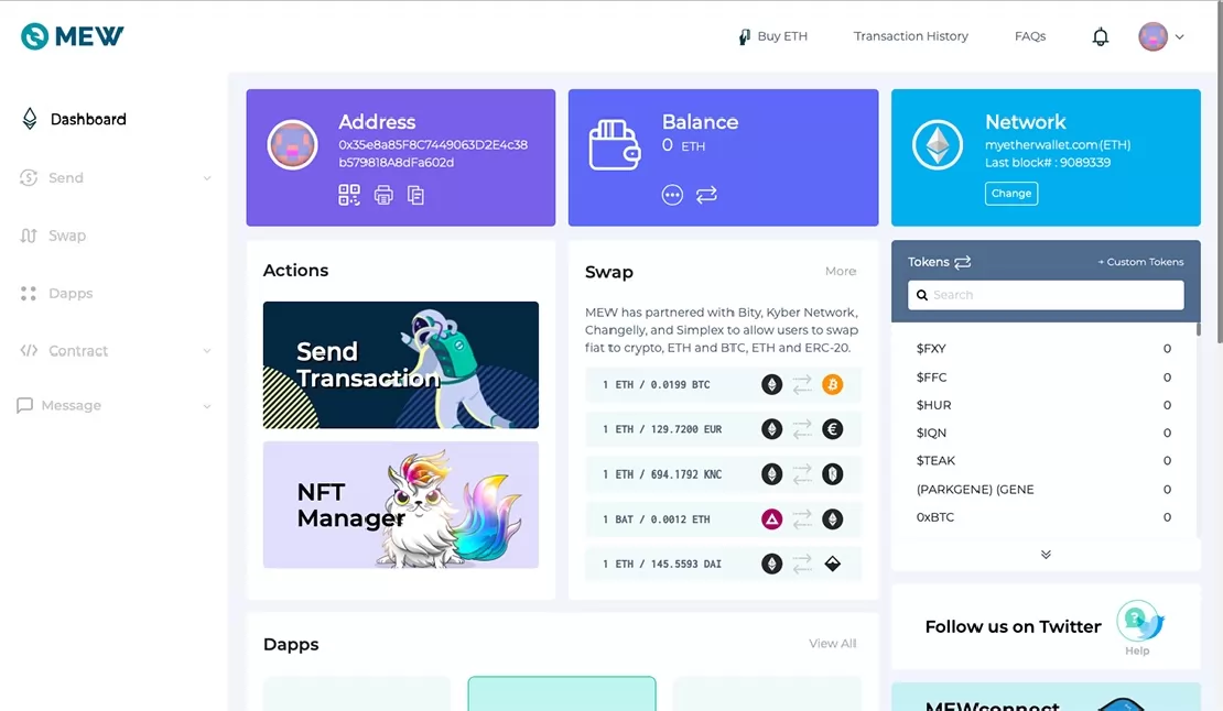 MyEtherWallet online asztali felület, Mew connect dashboard. 